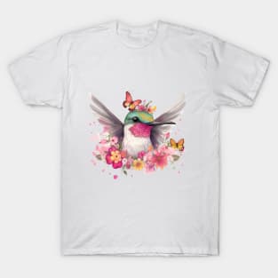 Cute Hummingbird with Flowers and Butterflies T-Shirt